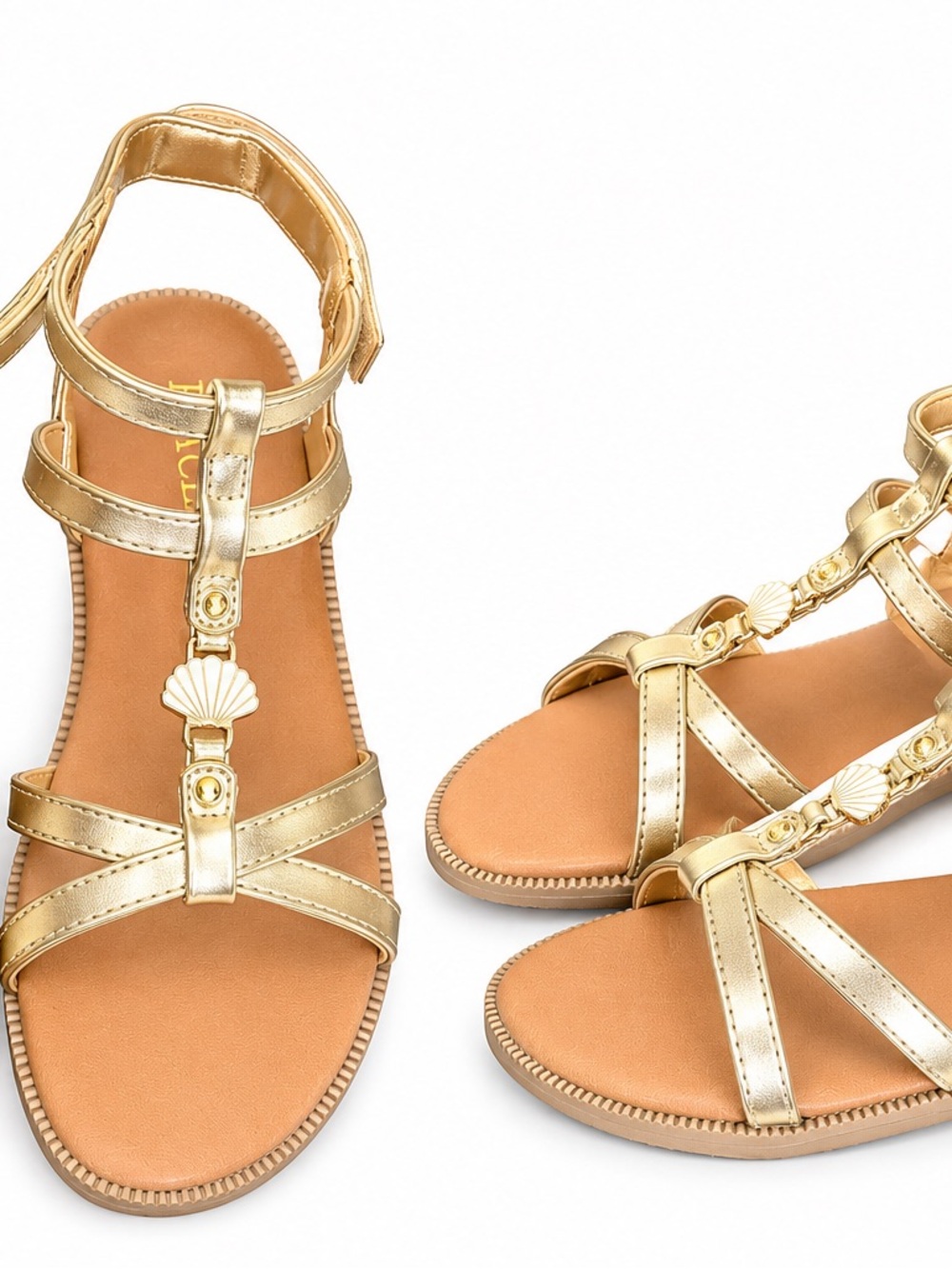 The Children's Place Gold Metallic T-Strap Sandals with Shell Accent